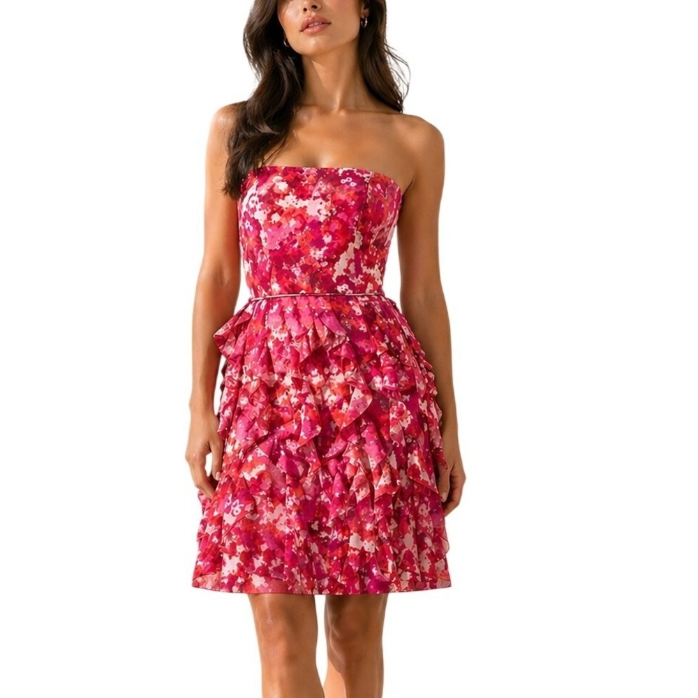 White House Black Market Red Floral Strapless Dopamine Ruffle Cocktail Dress 4